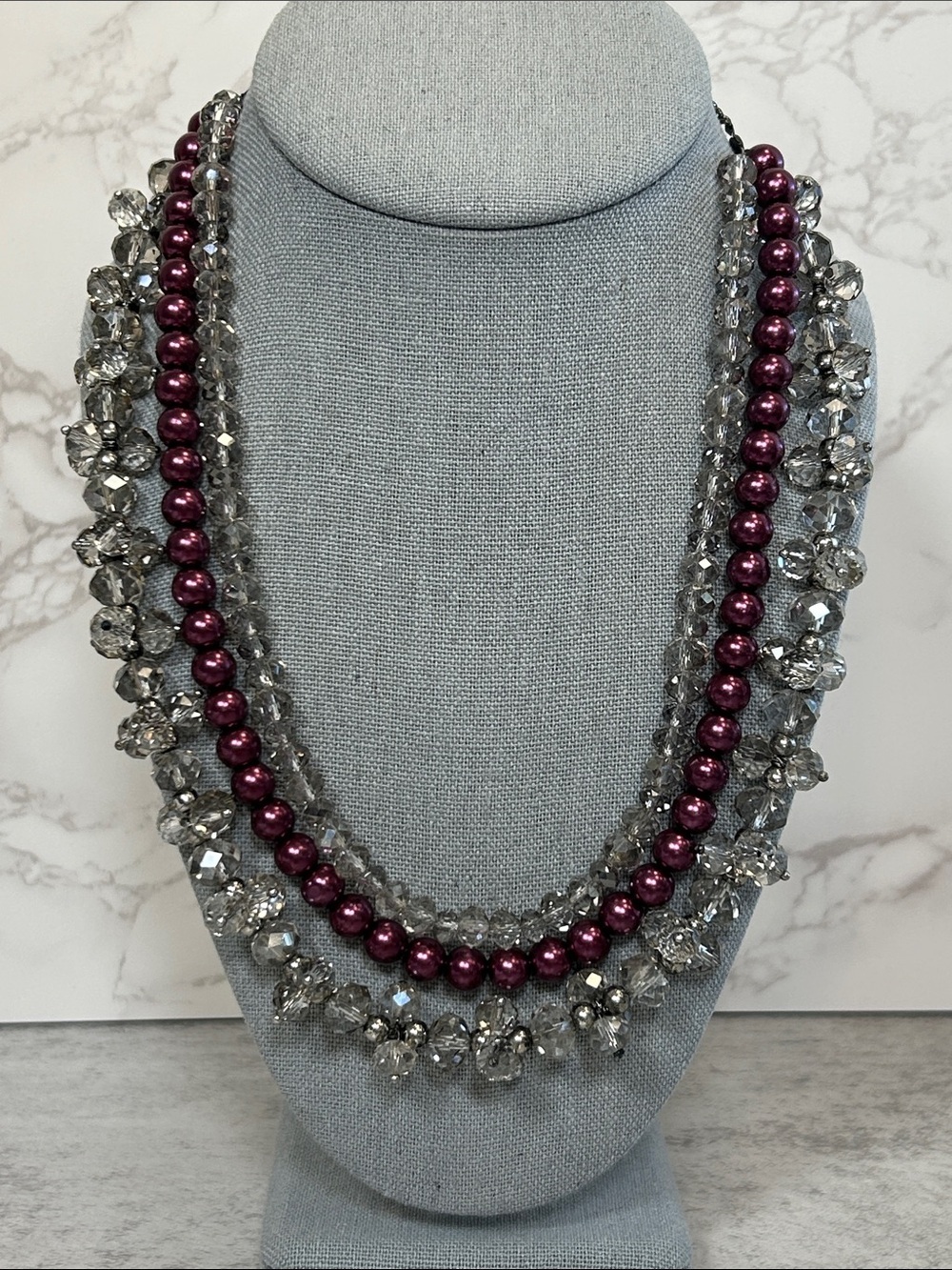 Multi-Strand Crystal and Purple Glass Pearl Necklace - Women Jewelry